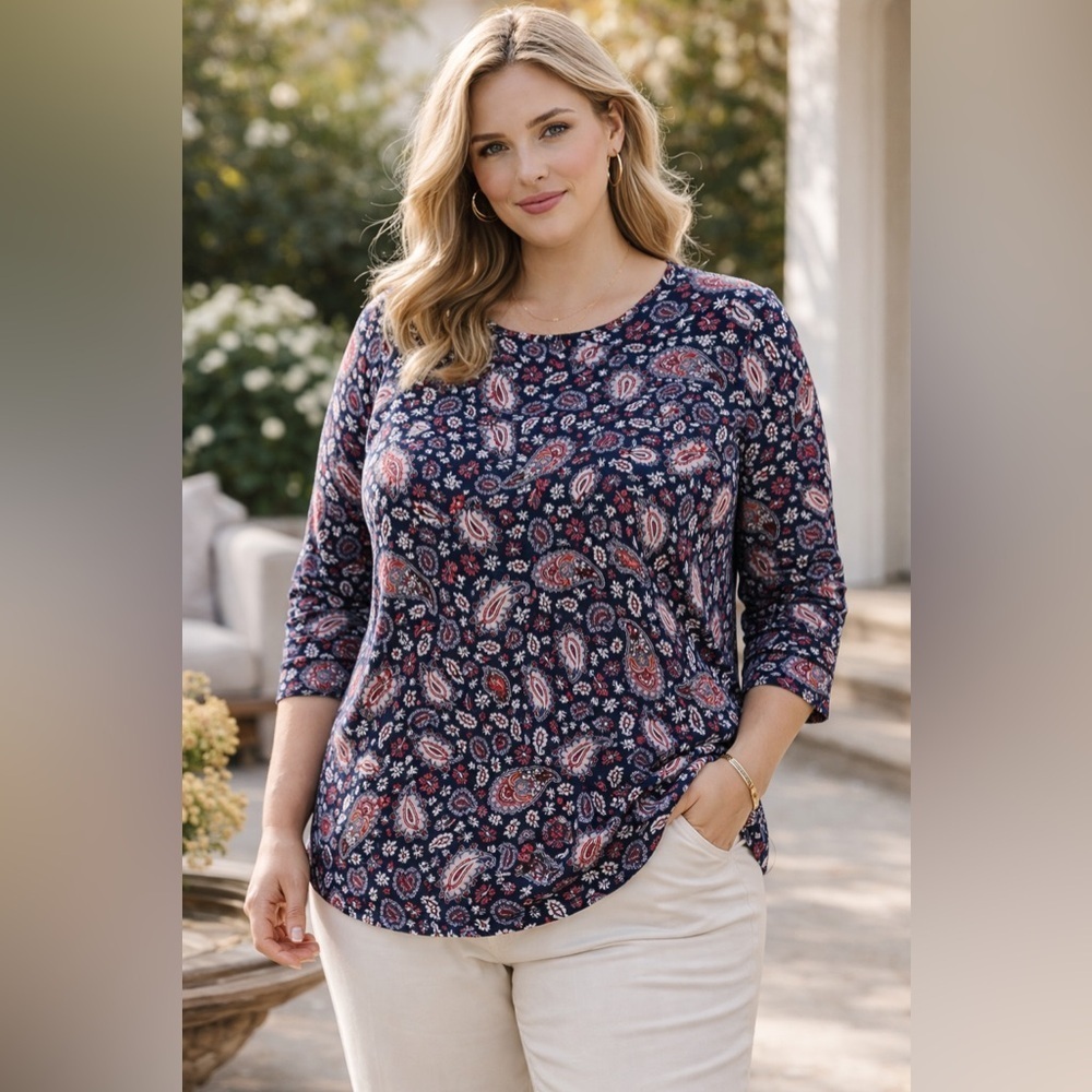 Roz & Ali Floral And Paisley Navy Top With Bell Sleeve XL extra large